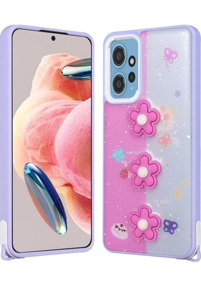 Xiaomi Redmi Note 12 4g Kılıf Parlayan Simli Kabartma Figürlü Zore Cevze Kapak Mor Papatya