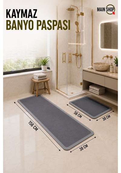 Mainshop 2 Li Set Sihirli Su Emici Mutfak Banyo Paspası Kaymaz Tabanlı 156x38 Cm Takım 38x58 Cm Yazısız Model M-62 Gri