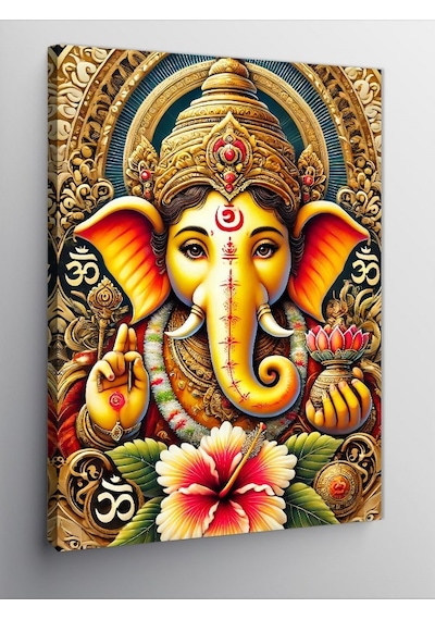 Kanvas Tablo Tanrı Ganesha Ve Lotus Çiçeği 50cmx70cm