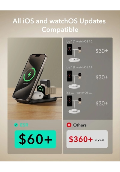 3 In 1 15w Seyahat Şarj Standı iPhone + AirPods + Apple Uyumlu Watch Magsafe Deri Halolock Qi2 Siyah