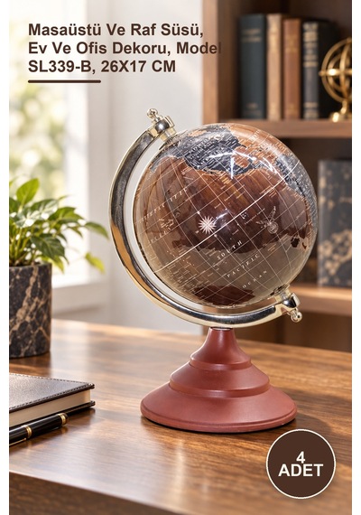 4 Adet Dekoratif Dünya Küresi Masaüstü Ve Raf Süsü, Ev Ve Ofis Dekoru, Model Sl339-b, 26x17 Cm 1
