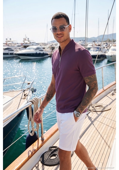 Buratti Pamuklu Regular Fit Yarım Fermuarlı Erkek T Shirt 5902653 Mürdüm