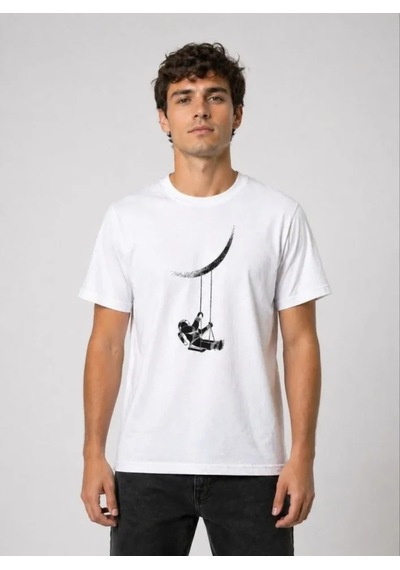 Veraura Lifestyle Erkek Astronot Ay Temalı Tişört Kısa Kol Yazlık Bisiklet Yaka T-shirt - Beyaz