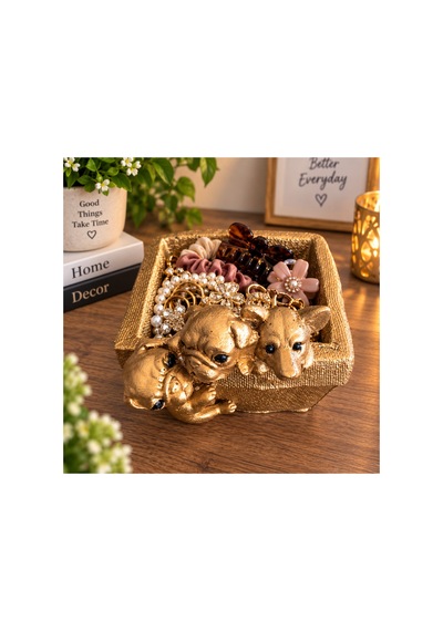 Dekoratif Hayvan Figürlü Masaüstü Organizer Kalemlik Takı Toka Anahtar Düzenleyici Çok Amaçlı Polyester 14x19 Cm Altın