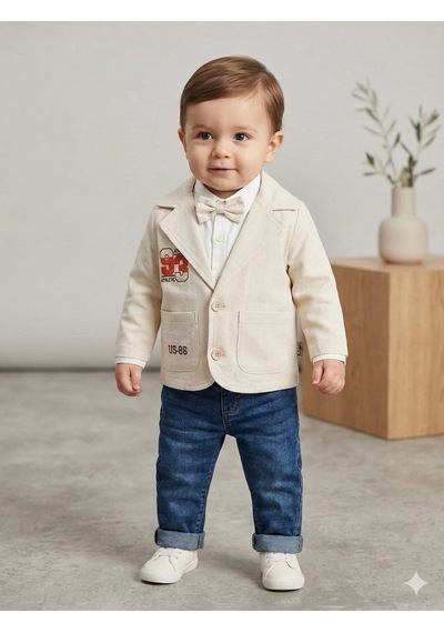 Erkek Bebek Blazer Ceketli Kot Pantolonlu 3 Lü Takım Ekru