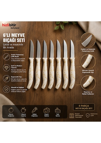 Bymyhand Beyaz Mermer Desenli Meyve Bıçağı 6'lı Set
