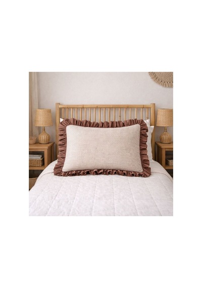 Fırfırlı Yastık Kılıfı Pötikare Desen Düz Renk Kenar Detaylı Tek Kişilik 50x70 Cm Kahverengi