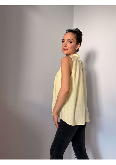 Ali Butik Sarı Bisiklet Yaka Keten Bluz Sarı