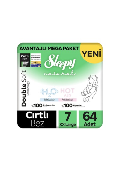 Sleepy Natural Double Soft Avantajlı Mega Paket Bebek Bezi 7 Numara Xxlarge 64 Adet