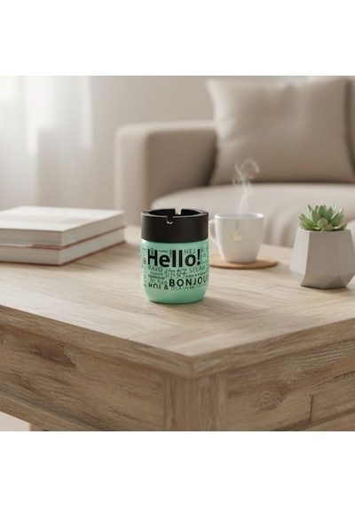 2'li Set Kokusuz Küllük - Dumansız, Rüzgar Önleyici Kapaklı Dekoratif Cam Küllük Hello Baskılı