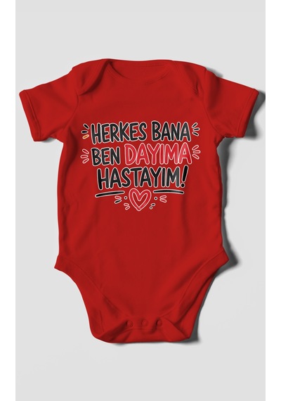 Morivokids Herkes Bana, Ben Dayıma Hastayım Kısa Kollu Bebek Body %100 Pamuk Kırmızı