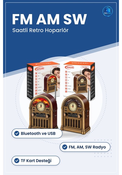 Nostaljik Radyo Saatli Retro Şömine Hoparlör Bluetooth Usb Type C