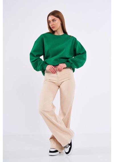 Mmetalic Yeşil Kadın Pamuklu Oversize Basic Bisiklet Yaka Sweatshirt 001
