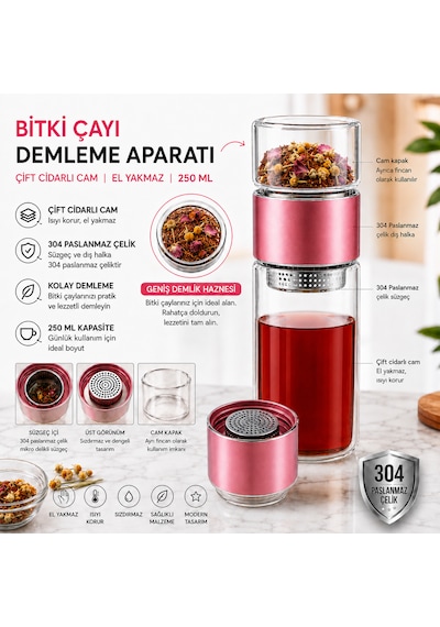 Muzeko Çift Katlı El Yakmayan Isıyı İçinde Tutan Cam Bardak 250ml Detox Bitki Çayı Demleme Ihlamur Demliği Bitki Çayı Demleme Tüm Bitki Çaylar İçin Uygundur Rose Pembe