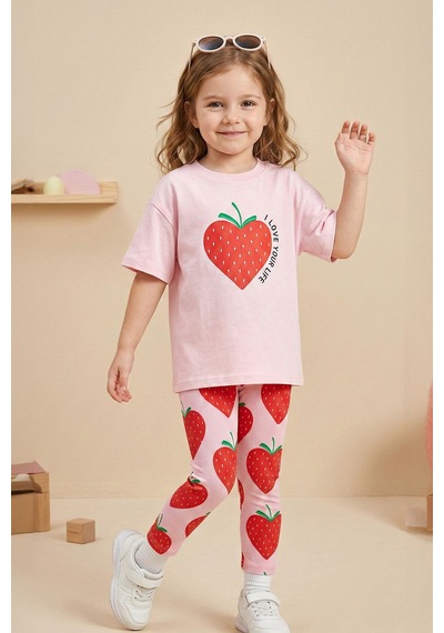 Zuzunga Strawberry Love Baskılı Kız Çocuk Tayt Takım Pembe Çilek Desenli