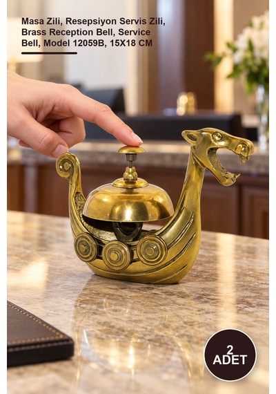 2 Adet Pirinç Resepsiyon Çanı Masa Zili, Resepsiyon Servis Zili, Brass Reception Bell, Service Bell, Model 12059b, 15x18 Cm