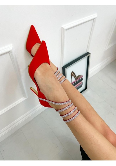 Ervanın Butiği Kırmızı Saten Brice Taş Detay Bilek Bağlamalı Kadın Stiletto-4207