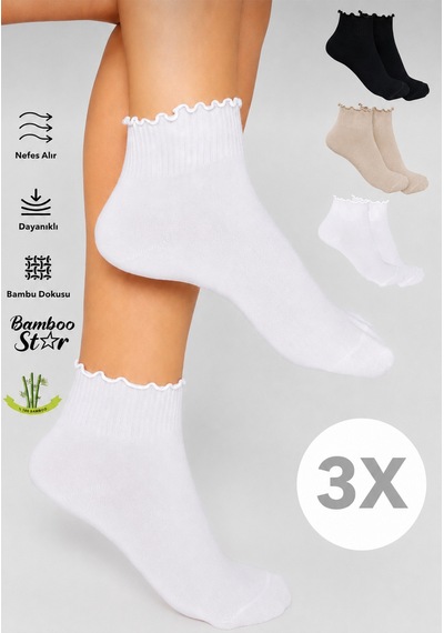 Bamboo Star Bambu Kadın Fırfırlı Patik Lastiksiz Dikişsiz Çorap 3lü Asorti Paket Bej - Siyah - Beyaz