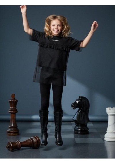 Zekids Kız Çocuk Tüllü Fırfır Detaylı Kısa Kollu Tasarım T-shirt-16549 Siyah