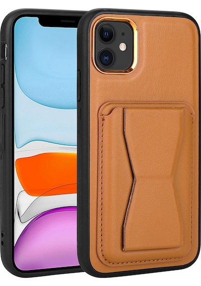 Kilifone - Apple Uyumlu iPhone 12 - Kılıf Kart Bölmeli El Tutacaklı Stand Olan Pu Deri Memo Kapak - Kahve Açık