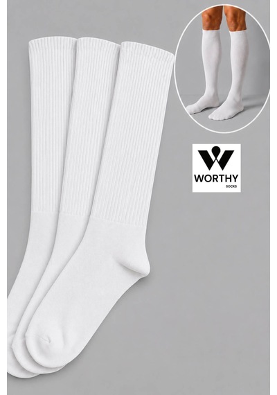 Worthy Socks 3'lü Çizgisiz Beyaz Pamuklu Yıkanmış Diz Altı Tenis Spor Çorap