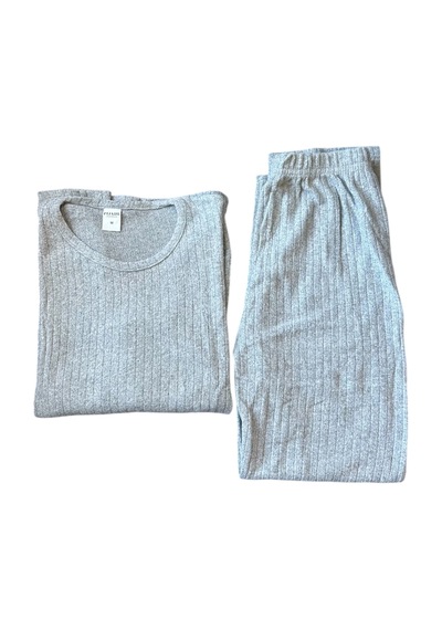Feg Store %100 Pamuk Gri Yumuşak Dokulu Fitilli Uzun Kollu Kadın Pijama Takımı