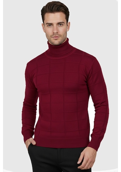 Rizzup Erkek Bordo Kare Desenli Balıkçı Yaka Slim Fit Boğazlı Triko Kazak 2505493