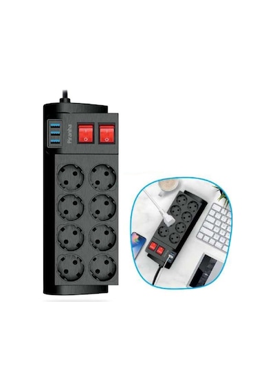 Isıya Dayanıklı Termal Akım Korumalı 2 Metre 16a 4000w 8li Priz Ve 3 Usb Li Uzatma Kablosu Diğer