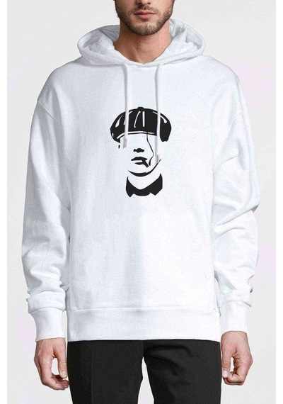 Peaky Blinders Minimalist Baskılı Beyaz Erkek Örme Kapşonlu Sweat