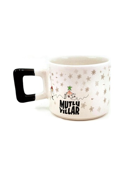 Mutlu Yıllar Kar Taneleri Baskılı Siyah Kulplu Kare Yılbaşı Kupası