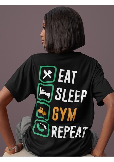 Eat Sleep Gym Repeat Bodybuilding Sırt Baskılı Unisex Oversize Fi Siyah