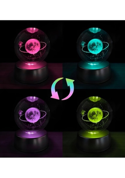 Satürn Cam Küre Renk Değiştiren Kristal Kız Küre Işıklı Küre Pilli 3d Hediye Yılbaşı
