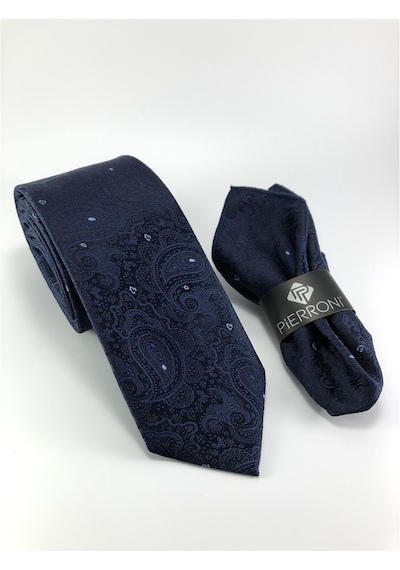 Pierroni Lacivert Şal Desen Mendilli Kravat Lacivert