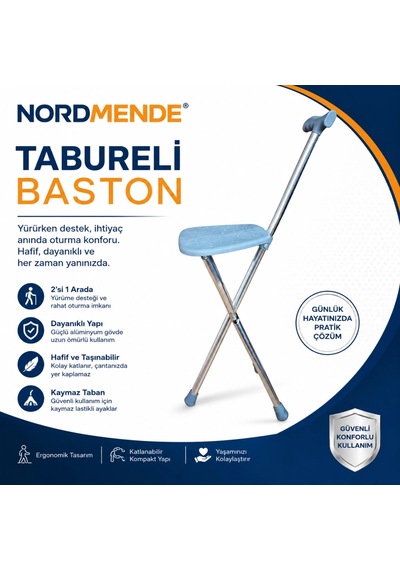 Mey İthalat Tabureli Baston Oturaklı Katlanabilir Yürüyüş Bastonu Taşınabilir Baston Sandalye