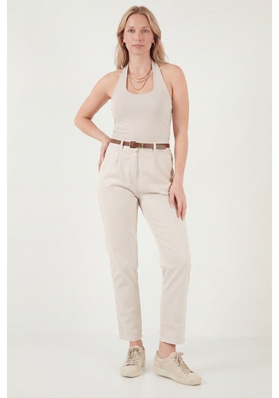 Lela Streç Pamuklu Regular Fit Yüksek Bel Düz Kısa Paça Kemerli Bayan Pantolon 668Yp5335 Taş