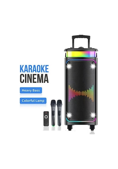Büyük Boy Çift Kablosuz Mikrofonlu Bluetooth Hoparlör Taşınabilir Tekerlekli Speaker