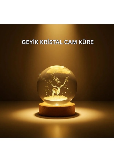 Usb Bağlantılı Geyik Temalı Kristal Küre Premium Masa Gece Lambası Reknli