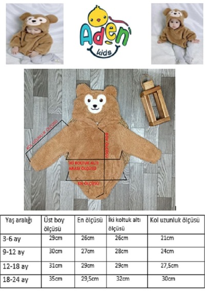 Aden Kids Kapüşonlu Bebek Peluş Çıtçıtlı Badi Sarı