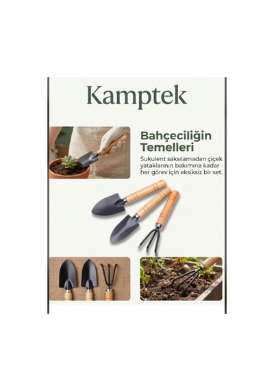 Kamptek 3'lü Mini Bahçe El Aletleri Seti - Ahşap Saplı Sukulent Ve Saksı Çiçek Bakım Seti