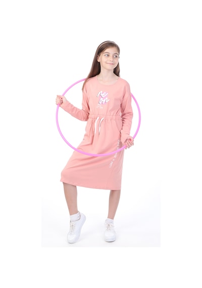 Toontoy Kız Çocuk Baskılı Relax Fit Bisiklet Yaka Uzun Kollu Bağcıklı Elbise - Mercan