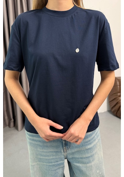 Giysa Kadın Gümüş Aksesuar Detaylı Pamuklu T-shirt Lacivert - 26y 26510