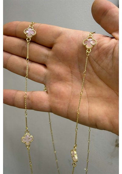 Pembe Taşlı Yonca Kolye 90 Cm Altın