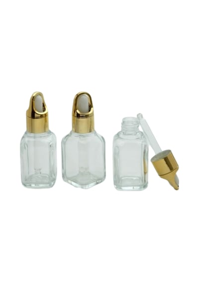 Şeffaf Köşeli Cam Şişe Gold Kilitli Damlalıklı Kapak 35 Ml 3000 Adet
