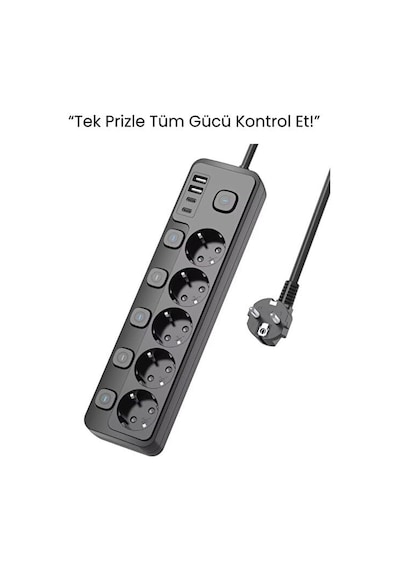 5 Priz + 4 Usb 2 Type-c Akım Korumalı Anahtarlı Uzatma Kablosu - 2 Metre - Enerji Tasarruflu Priz