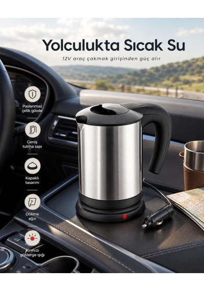 Seyahat İçin 12v Çakmak Soketli Paslanmaz Çelik Taşınabilir Su Isıtıcı Kettle
