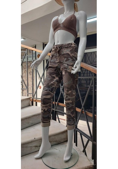 Eren Style Italyan Beli Bağlamalı Kamuflaj Desenli Dar Paça Pantolon-9078 Vizon