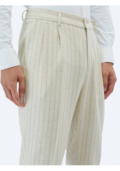 Kip Bej Çizgili Comfort Fit Keten Karışımlı Takım Elbise Bej