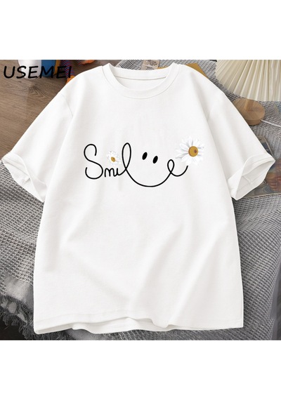 Flood Of Style Papatya Gülümseme Yüz T Shirt Yaz Çiçek Baskılı Tişört Kadın Erkek Pamuk Kısa Kollu Tshirt Bo Beyaz