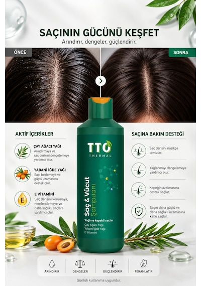 Tto Saç Ve Vücut Şampuanı 500 Ml Yeşil Çay Ağacı Yağı / Tea Tree Oıl