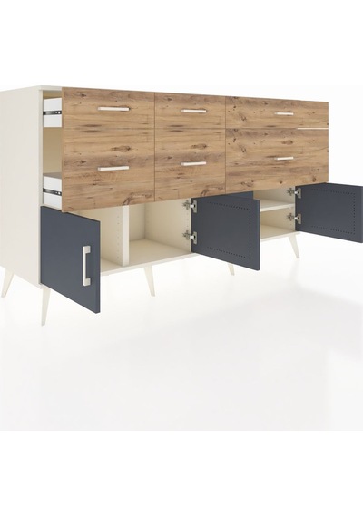 Kronos Konsol Tek Raflı 6 Çekmeceli 4 Kapaklı 176x59x99 Aytaşı-an Aytaşı-antrasit/çam